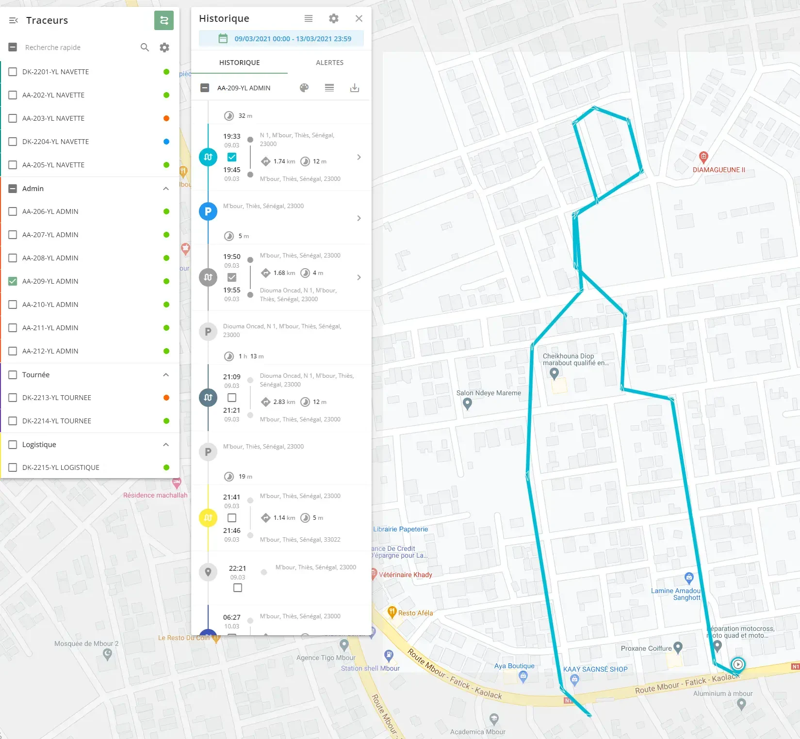 Le détail des trajets d’un véhicule, en liste et sur la carte