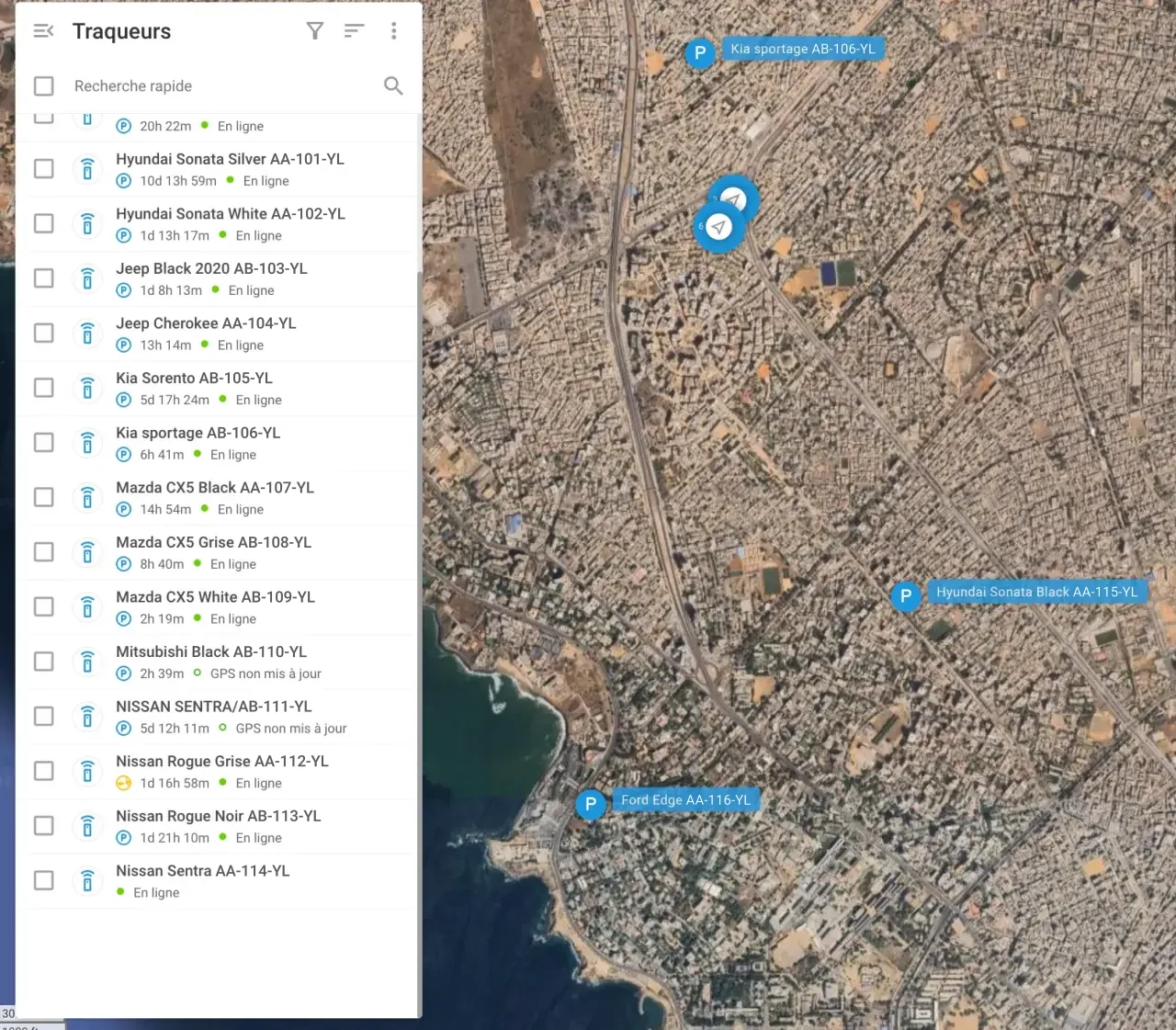 Carte de Dakar avec la position de chaque véhicule